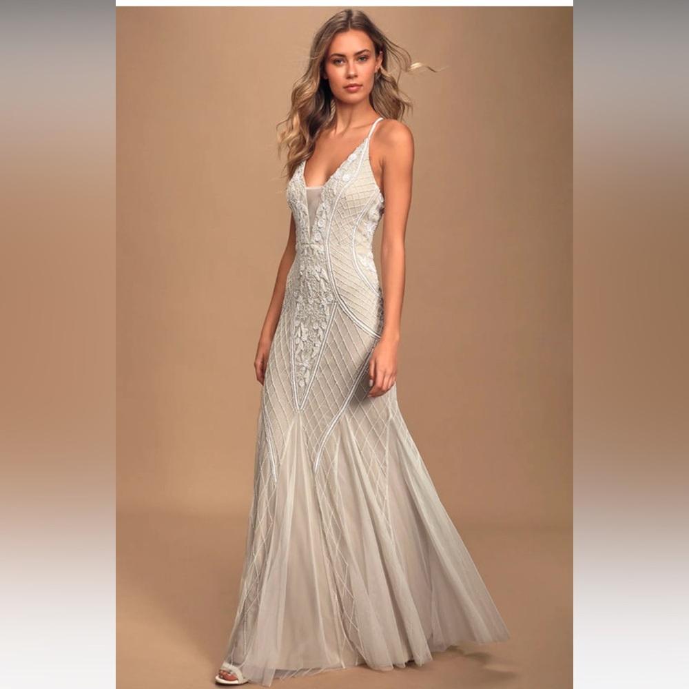 Lulus White & Nude Beaded Maxi Dress
